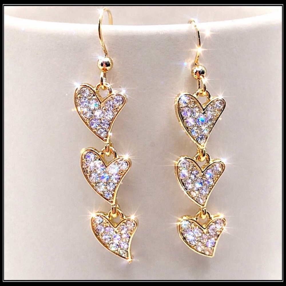 New Triple Heart Crystal Diamond Drop Earrings – Gold Romantic Statement Jewelry